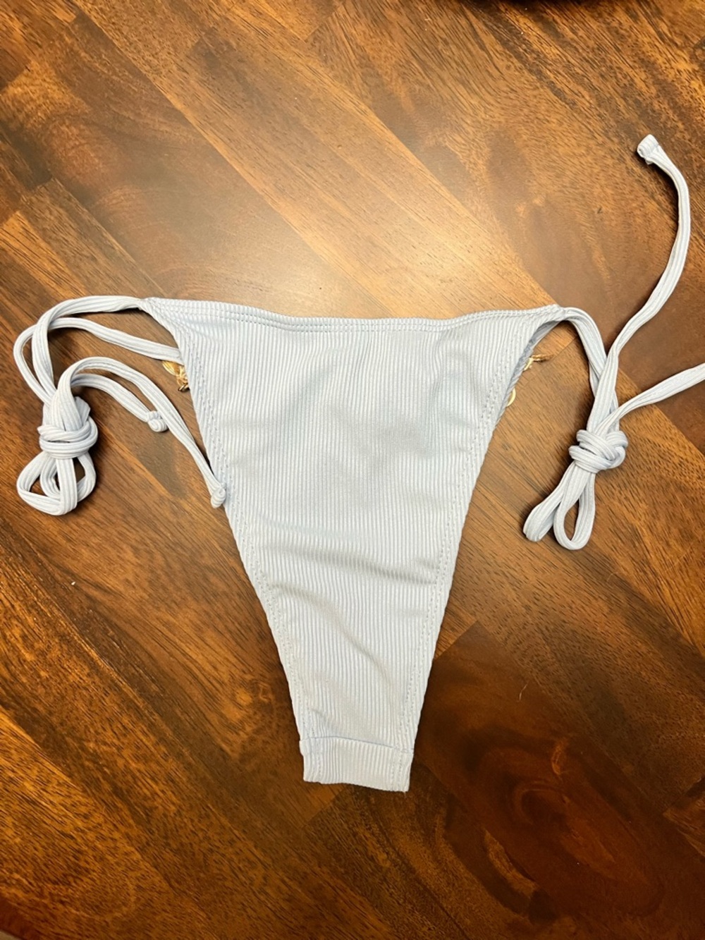 Light Blue Ribbed Crochet Trim Halter Shell Accents Side Tie Bikini Set - Picture 7 of 14